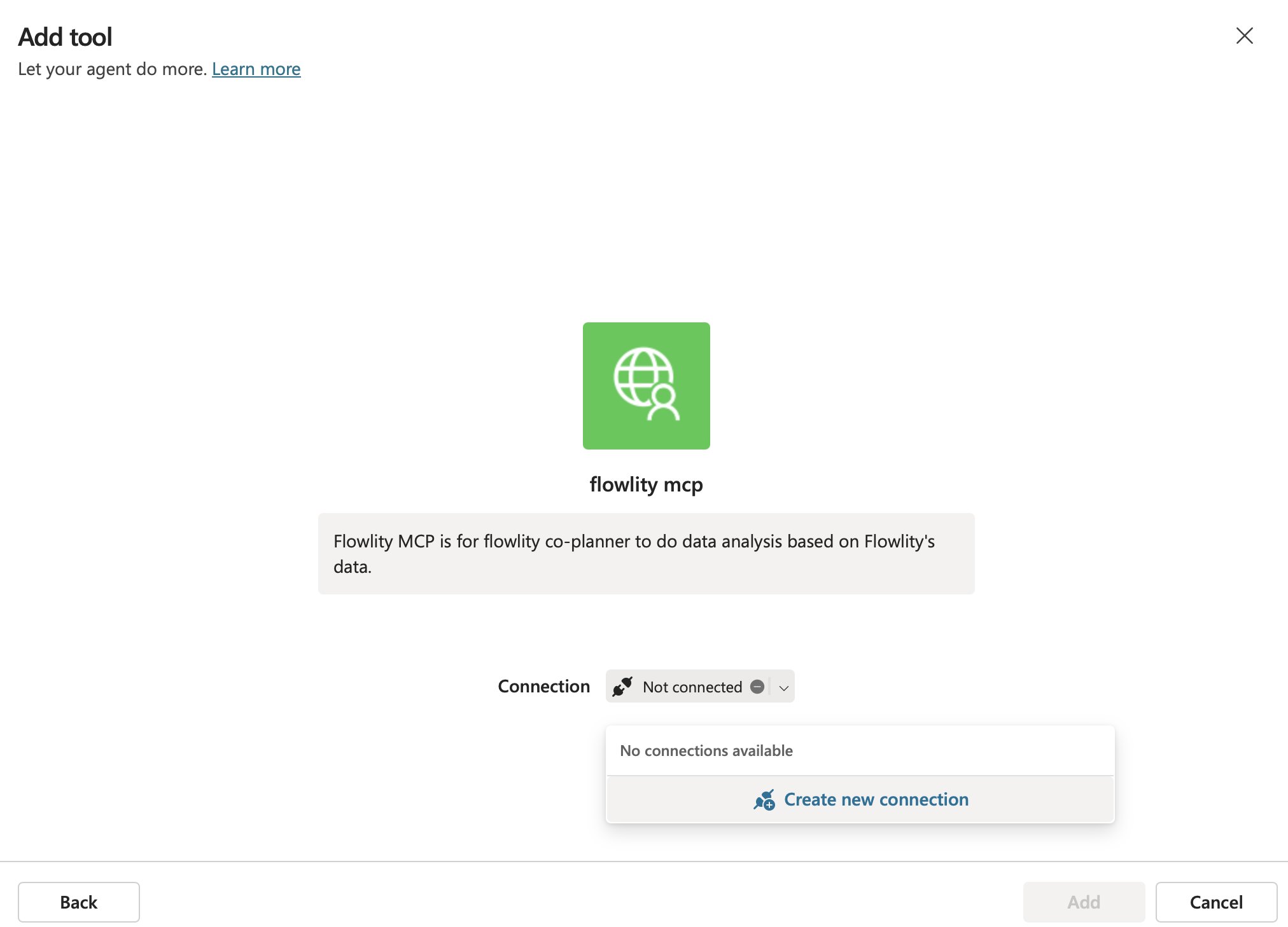 Экран Add tool с предложением создать новое подключение для сервера MCP Flowlity