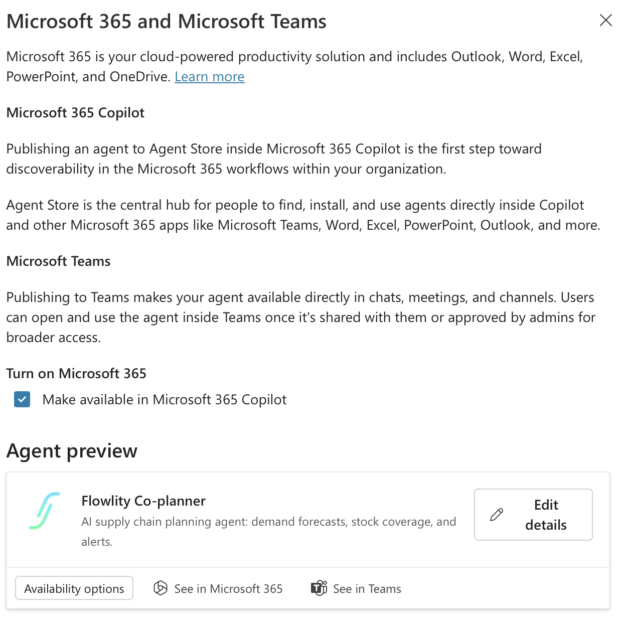 Панель канала Microsoft 365 and Teams с включённой опцией Make available in Microsoft 365 Copilot