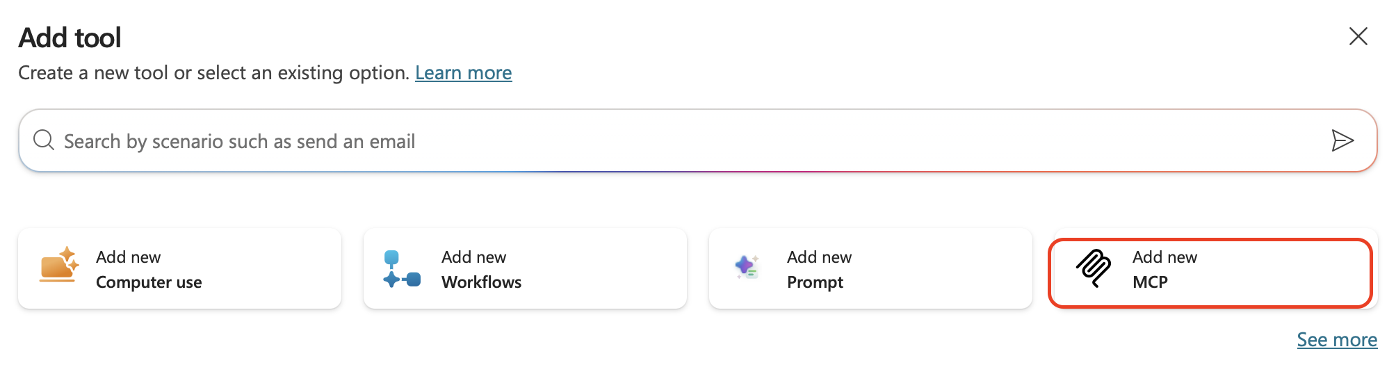 Диалоговое окно Add tool с выделенным вариантом Add new MCP