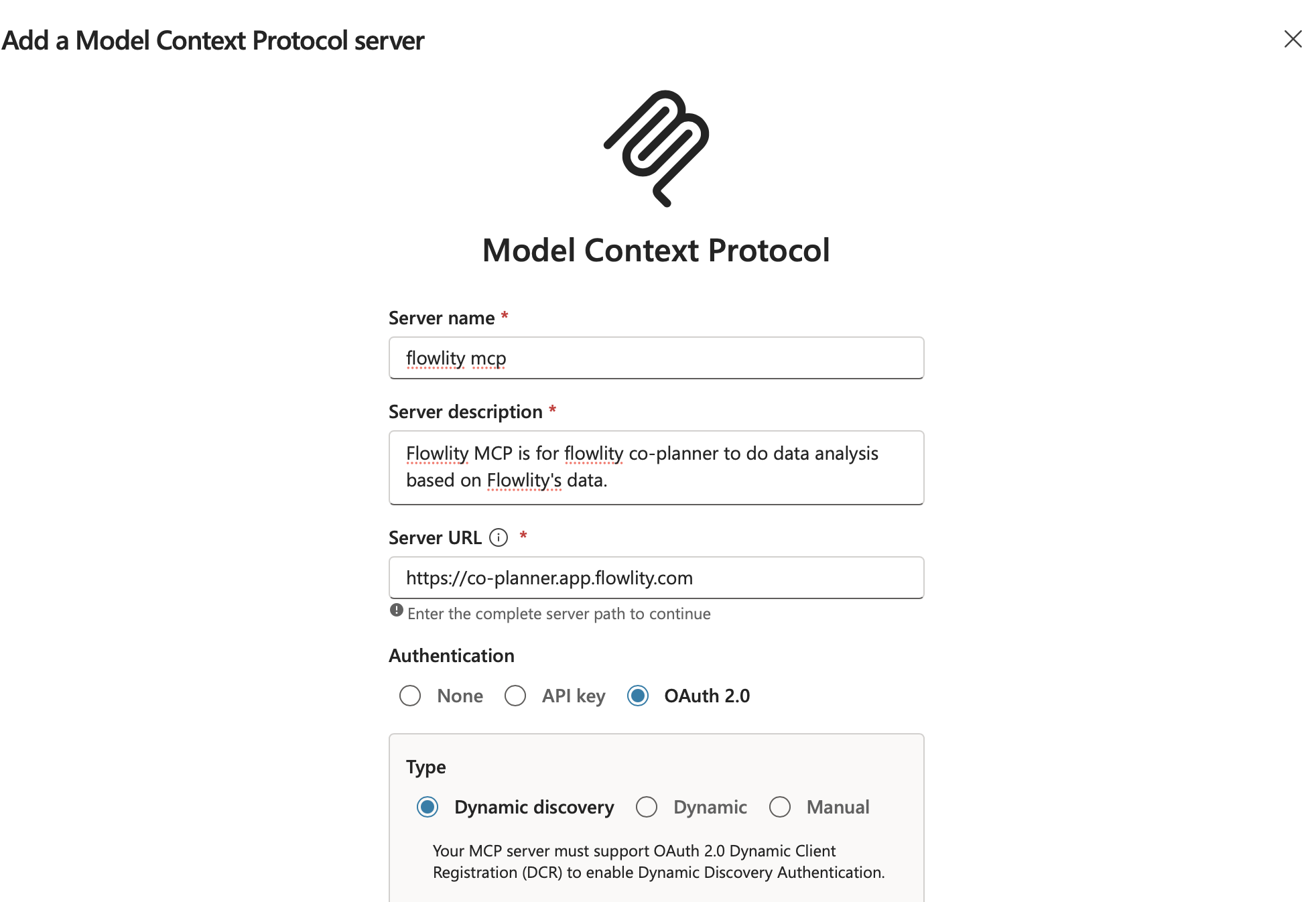 Форма Add a Model Context Protocol server с именем, описанием, URL и OAuth 2.0